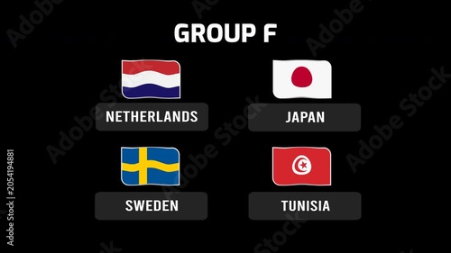 2026 World Cup Group F Teams. Group of national flags from netherlands, japan, sweden, and tunisia with country labels for sports tournament display. Suitable for international events.