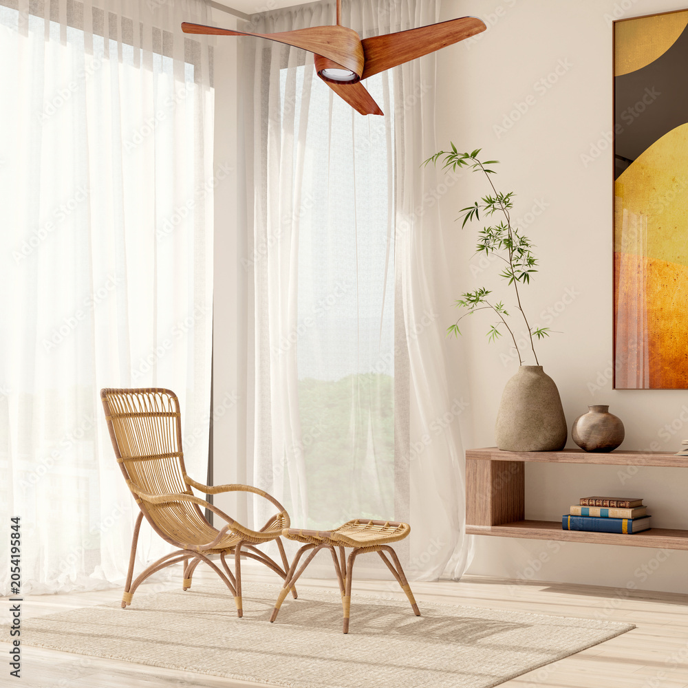 Obraz premium 3D render, illustration Large Luxury modern living room interior, brutalist architecture realistic lighting, Graphic Overlay wide angle, contemporary furniture, clean lines, minimalist decor, elegan