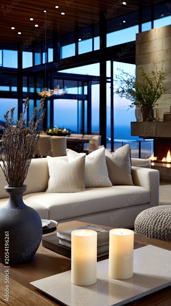 Obraz premium Cozy indoor scene with warm lighting, candles, and a fireplace in a modern living space during evening hours