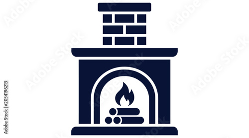 Cozy brick fireplace icon with burning wood logs