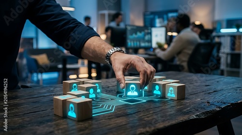 Hand placing a glowing user icon block into a digital network, symbolizing human resource management, team building, and interconnectedness within a modern business setting.