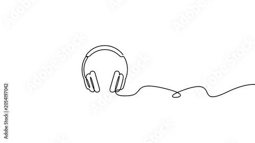 Headphones animation drawn in minimalist continuous line art style for audio concepts. Minimalist single line drawing animation of headphones on a clean white background.