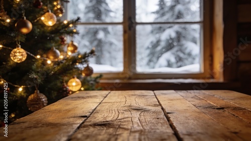 Empty wooden table with blurred christmas tree and snowing window background