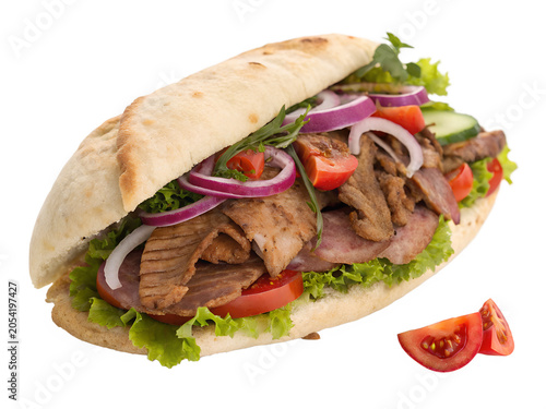 Doner Kebab Sandwich in Pita Bread with Vegetables Isolated on White Background | image_dcf656.png