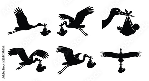 Canvas Print Stork Silhouettes Carrying Bundles Black Vector Illustration On White
