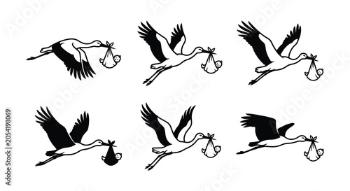 Φωτογραφία Stork Silhouettes Carrying Bundles Black Vector Illustration On White