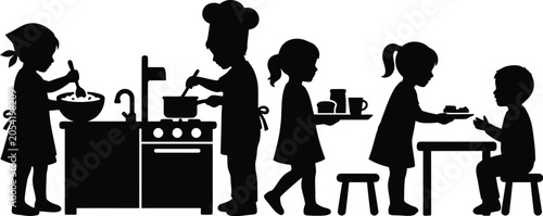 Bild auf Leinwand A black silhouette rendering showing a group of children engaged in various kitchen activities like cooking, preparing food, and serving a meal