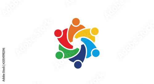 Abstract vector logo featuring six colorful stylized human figures in a circle, representing diversity, teamwork, and community collaboration on a clean white background.