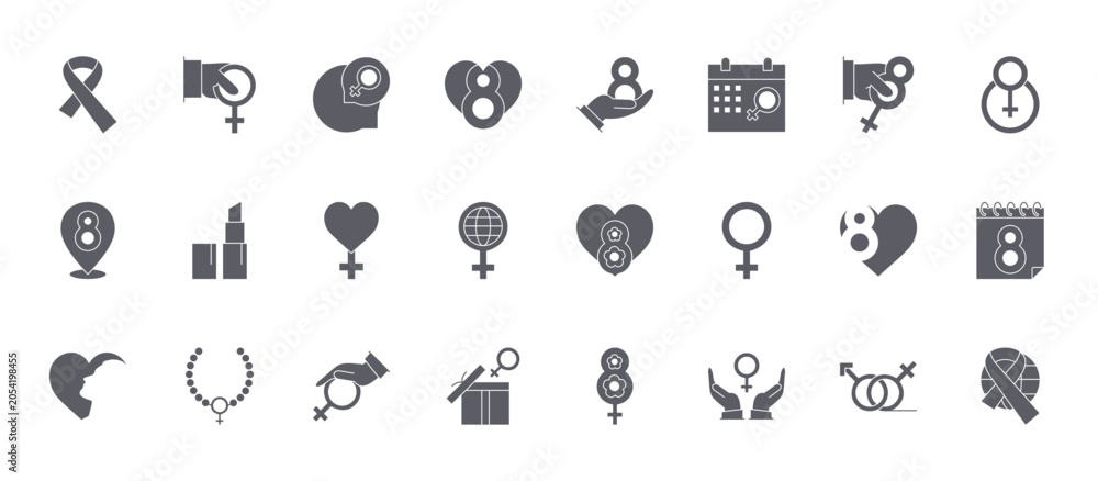 Fototapeta premium 24 filled Womens Day web icons such as gender, gift box, womens day, lipstick, womens day. Solid vector glyphs for report, presentation, web design and mobile app