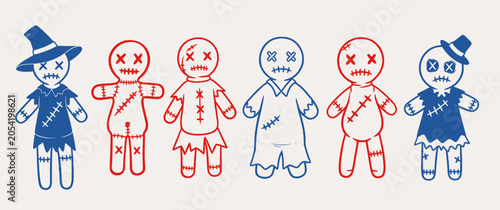 Obraz na płótnie A collection of grunge-style vector illustrations depicting spooky voodoo dolls