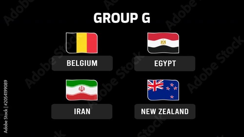2026 World Cup Group G Teams. Group of sports flags from belgium, egypt, iran, and new zealand. Suitable for international sports events, educational materials, or travelrelated designs.