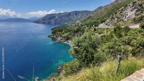 Scenic panoramic coastal view near Maratea, in the Basilicata region of Italy.