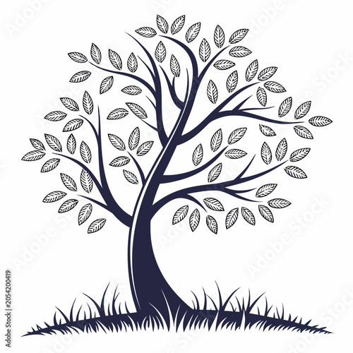 Tableau sur toile Illustration of a tree with leaves and grass at the base illustration botanical