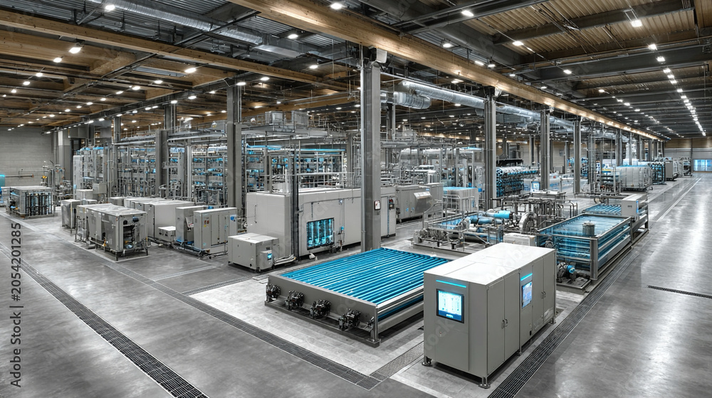 Fototapeta premium Automated production lines operate with precision inside a vast modern factory, expressing efficiency, innovation, and the ambitious future of industrial manufacturing