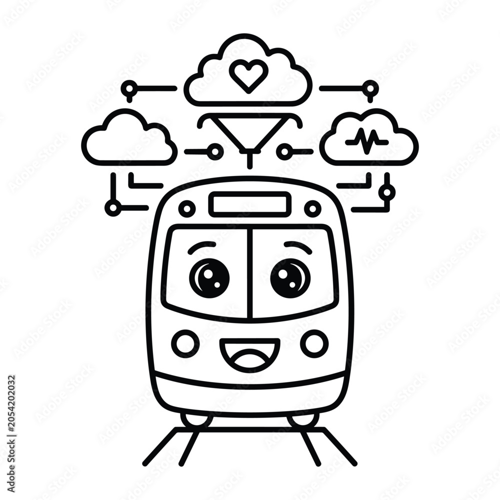 Naklejka premium Cute train character with cloud computing symbols outline vector icon