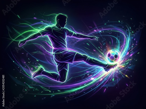 Soccer player kicking ball with neon-colored light effects