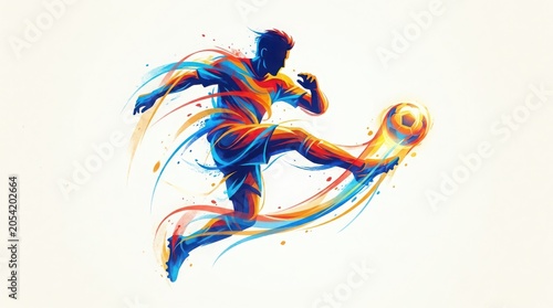 Man kicking a soccer ball with colorful motion lines