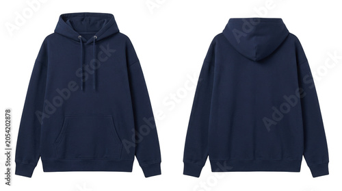 Classic navy blue hoodie front and back isolated on transparent background