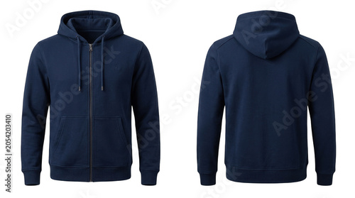 Navy blue zip up hoodie front and back isolated on transparent background