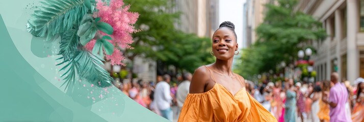 Juneteenth cultural street parade background with smiling woman in orange dress for festival banner and community event design