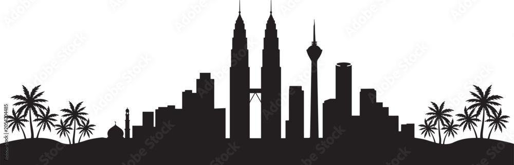 Obraz premium Malaysia skyline. Travel Malaysia famous landmarks. Business and tourism concept for presentation. Vector Black silhouettes illustration