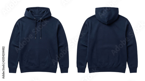 Navy blue hoodie front and back isolated on transparent background for branding