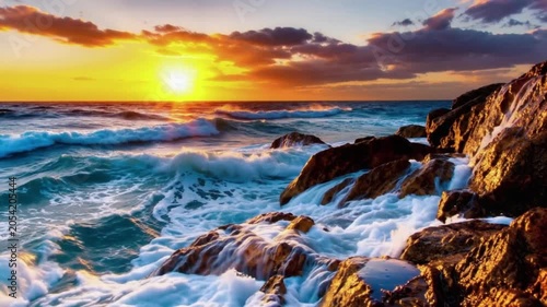 Beautiful sunset over rocky coastline with crashing waves  