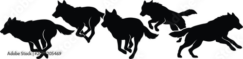 Konstfotografi Collection of Black Silhouette Wolf Poses in Motion on White Background wolves