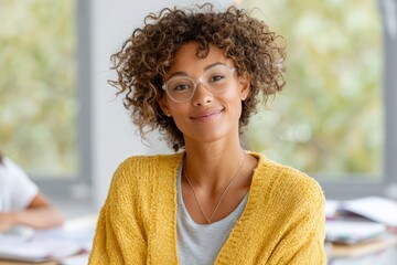 Smiling teacher with glasses leading a respectful juneteenth history discussion for classroom materials and educational background design