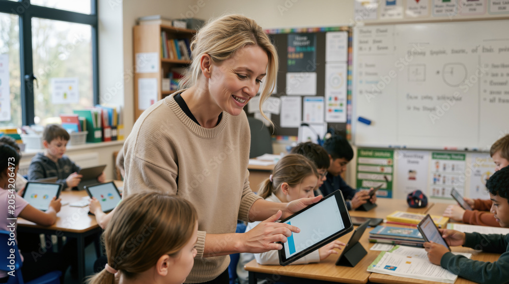 Fototapeta premium Teacher using digital tablet with student in classroom. Modern elementary education with technology