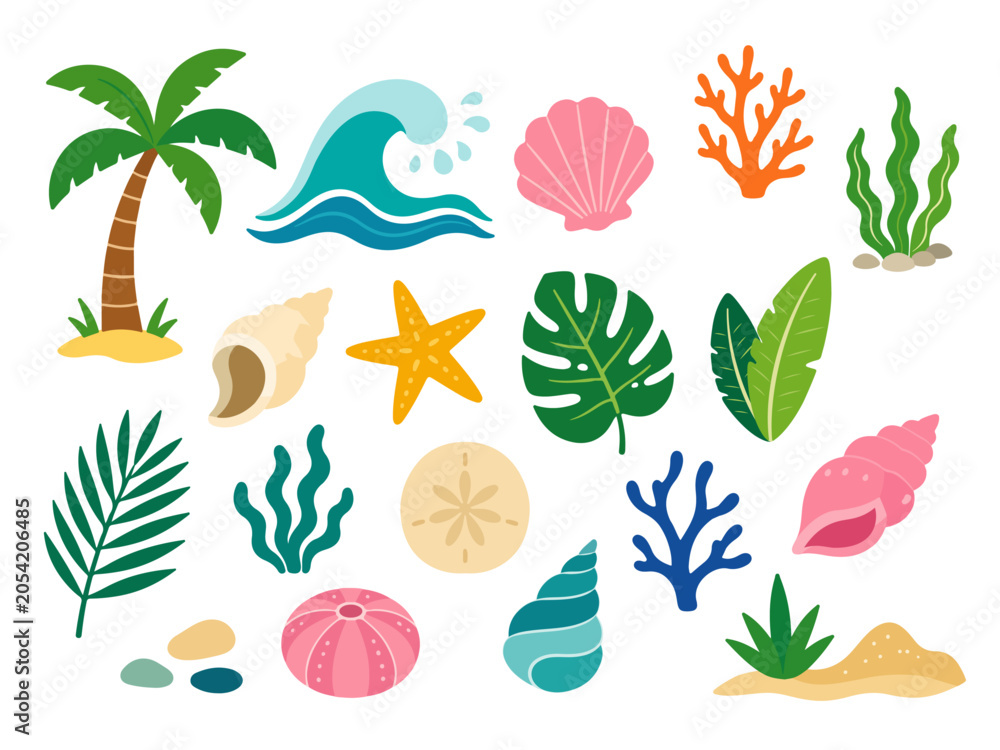 Fototapeta premium Set de elementos veraniegos de playa coloridos y simples. Doodles de vacaciones de verano con conchas, palmera, algas, coral, hojas tropicales, ola. Sticker vectorial de color plano aislado en blanco