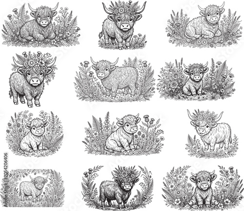 Cute Highland Cow Floral Clipart