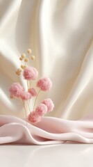 Soft pink dried floral bouquet on satin drape for juneteenth vertical social media background and feminine banner design