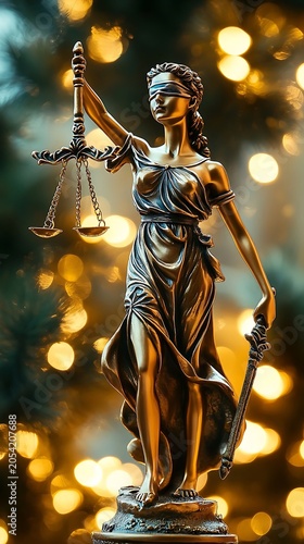 Bronze Statue of Lady Justice with Scales against a Golden Bokeh Background