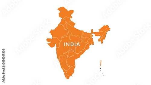 Photos An orange-colored political map of India, showing its geographical boundaries and internal state divisions, set against a plain white background