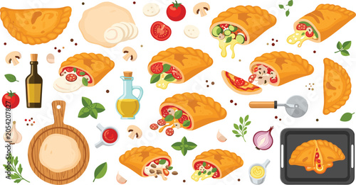 Fotografie Calzone Food Vector Illustration Featuring Baked Pastries, Cheese, Tomato, Mushr
