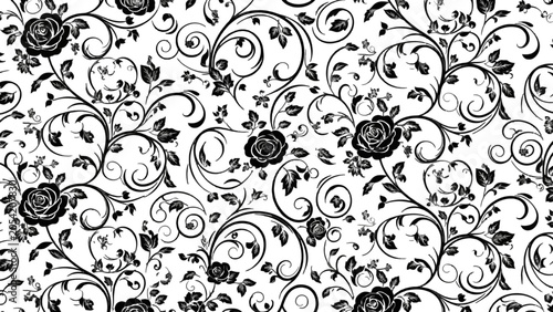 Elegant black and white seamless pattern featuring intricate rose blossoms and swirling floral vines on a clean background.