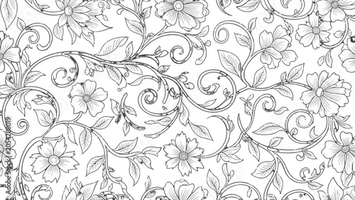 Intricate black and white floral pattern with elegant swirling vines and blooming flowers, suitable for textile design or coloring pages.