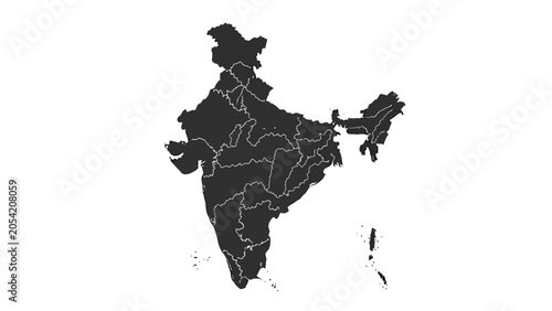 Fényképezés Detailed black and white silhouette map of India showing its states and union territories on a clean white background