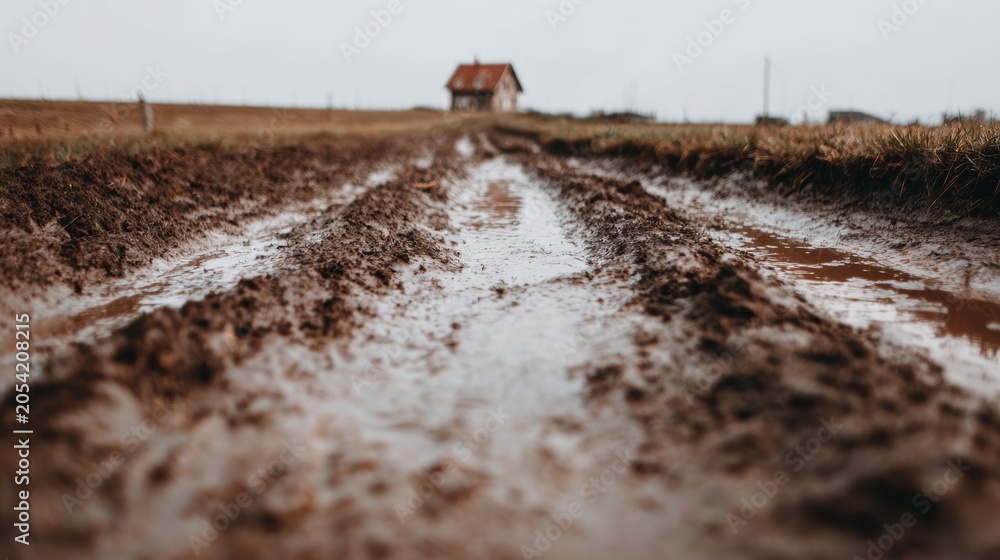 Fototapeta premium Muddy rural road with deep tire tracks and water puddles leading towards a distant, old house on a cloudy day
