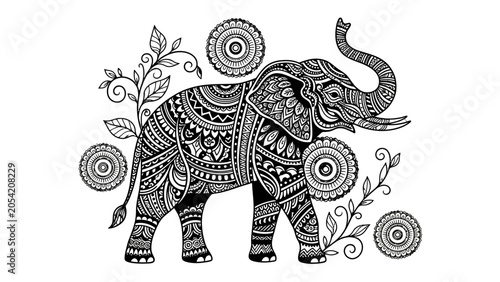 Ornate Indian Elephant with Intricate Floral Patterns, Black and White Line Art, Isolated White Background