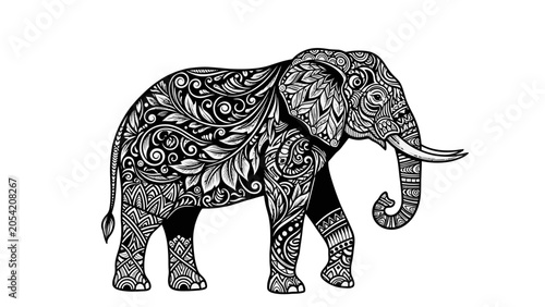 Canvas Print Intricately detailed black and white elephant illustration with ornate floral and swirling patterns, walking gracefully