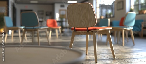 Circle of colorful chairs arranged in a bright community hall