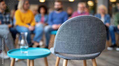 Diverse adults supporting each other in group therapy session with empty chair in foreground