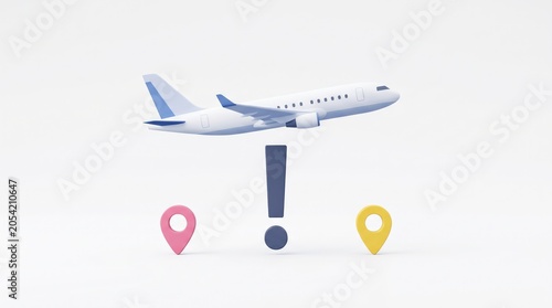 Airplane Flying Over Location Pins and Exclamation Mark, Travel Concept