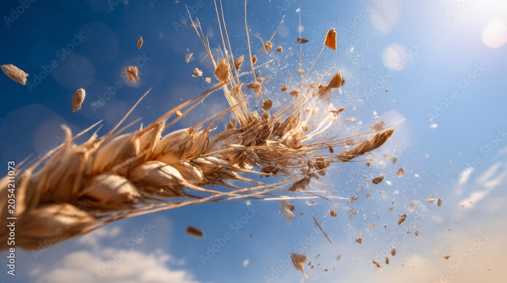 Obraz premium Ripe wheat ear shattering, releasing golden grains into bright blue sky, harvest and agriculture concept