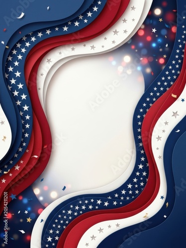 Wavy USA independence day 4th July abstract background with festive bokeh lights and confetti