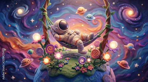 Whimsical astronaut relaxing in hammock on a colorful fantasy planet in swirling space