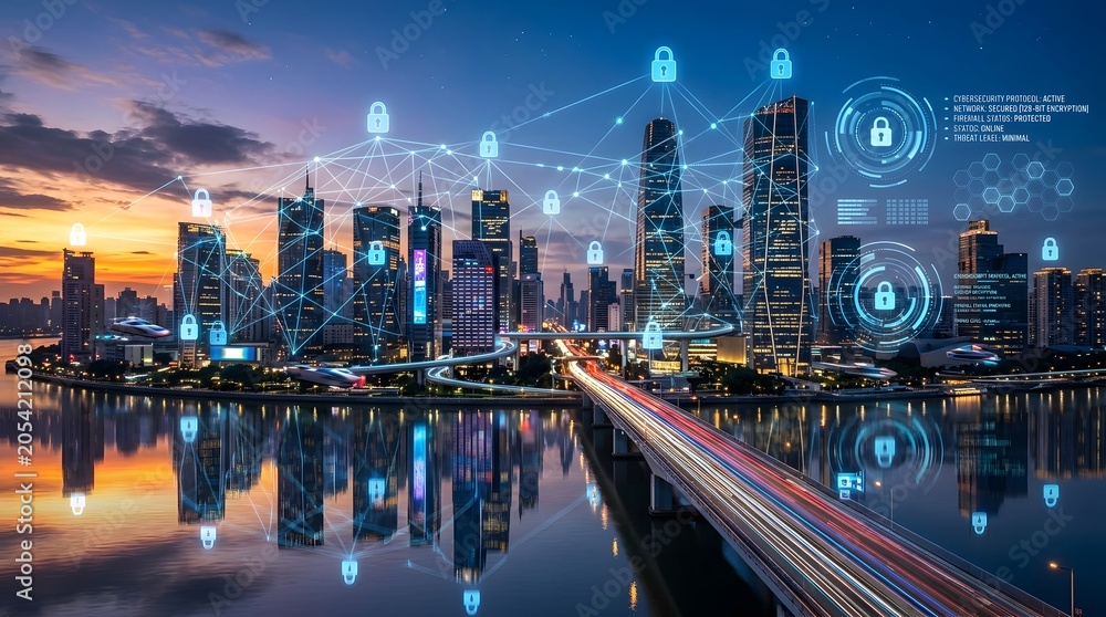 Fototapeta premium Cybersecurity network protecting modern cityscape at dusk