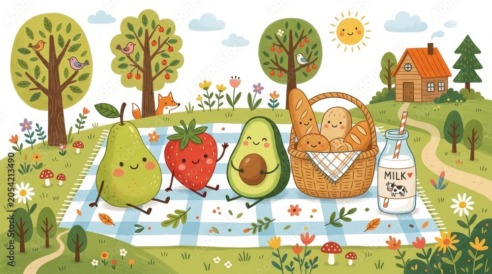 Fototapeta premium Happy pear strawberry and avocado enjoy a sunny outdoor picnic with fresh bread and milk